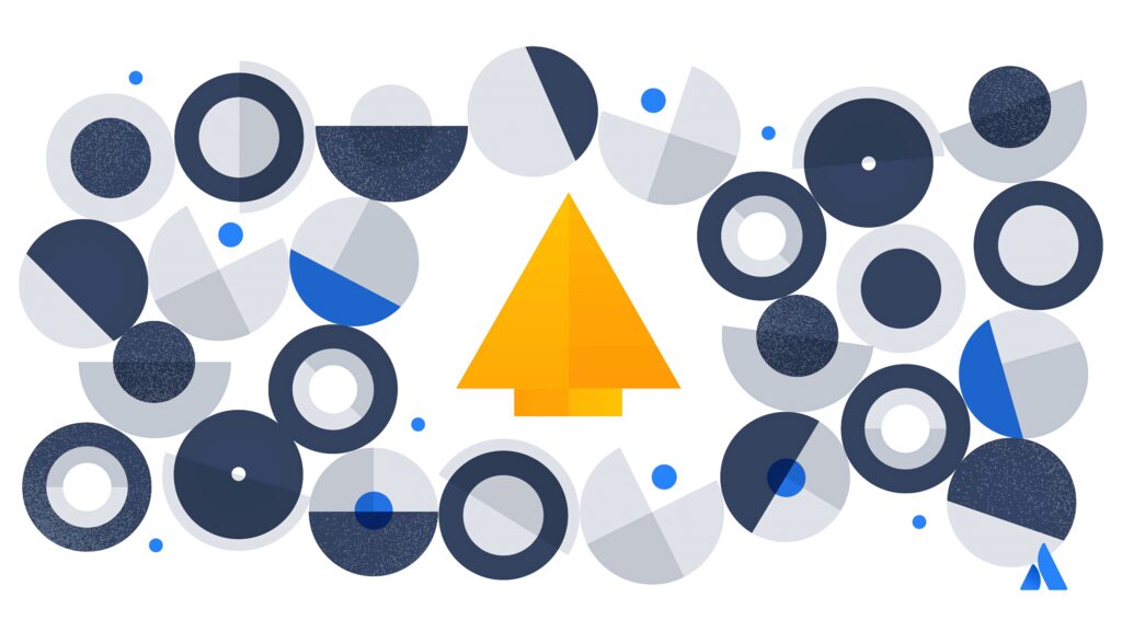 Atlassian wallpaper with bold yellow upward arrow and navy blue gray geometric shapes background