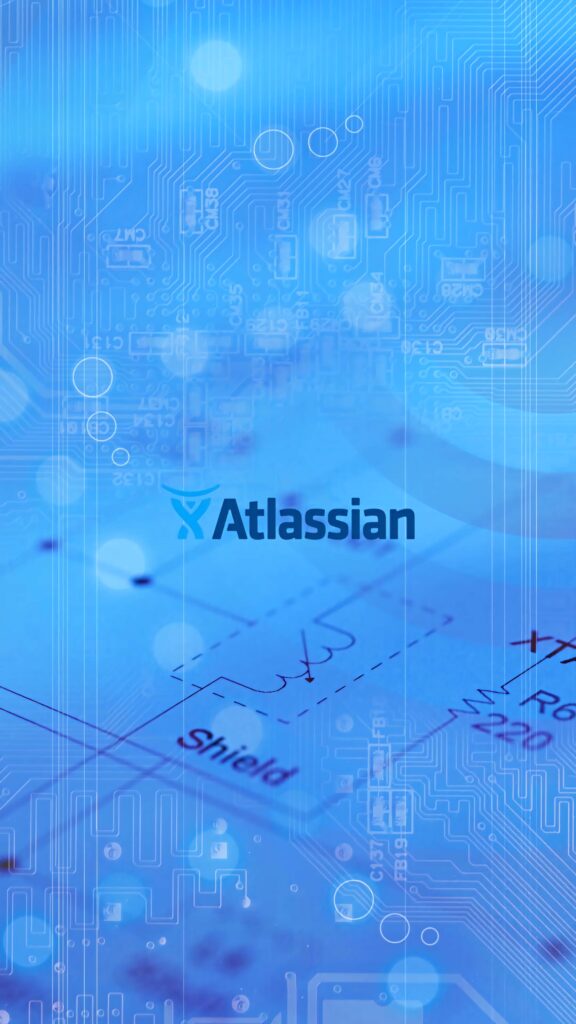 Atlassian logo on blue digital wallpaper with circuit designs and technical schematic background