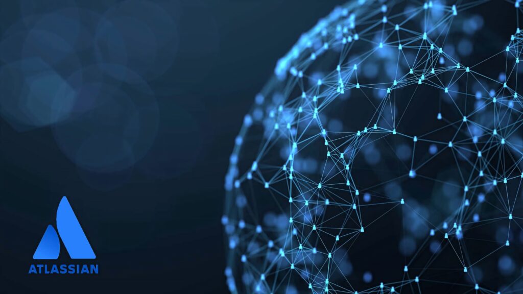 Atlassian wallpaper with digital globe of blue interconnected lines and nodes showing global collaboration
