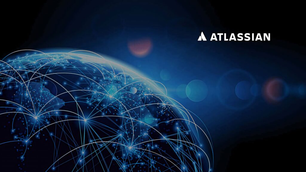 Atlassian wallpaper with glowing digital network connecting Earth points showing global tech collaboration