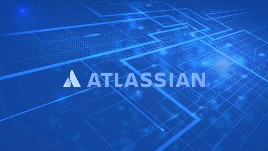 Atlassian logo and name on vibrant blue digital wallpaper with glowing geometric lines and particles