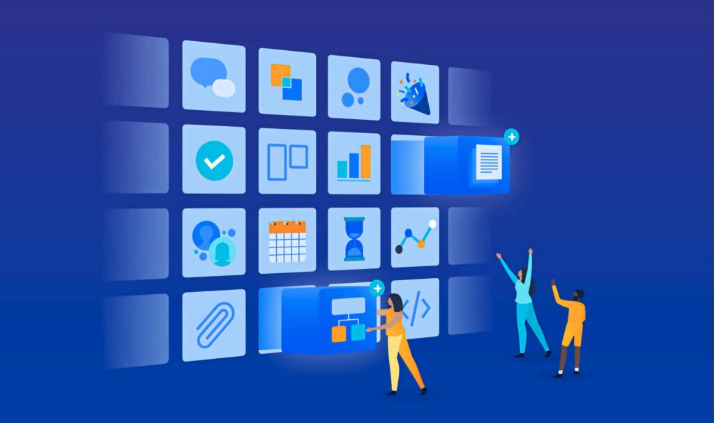 Atlassian wallpaper showing digital workspace with team interacting with large app icons