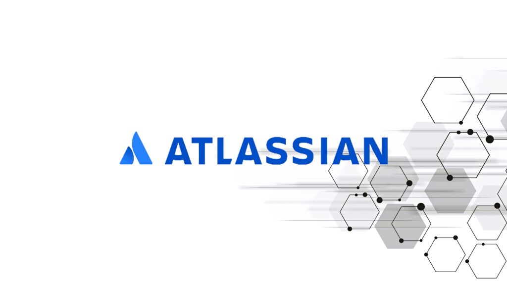 Atlassian logo in bold blue with futuristic hexagonal tech design on white background wallpaper