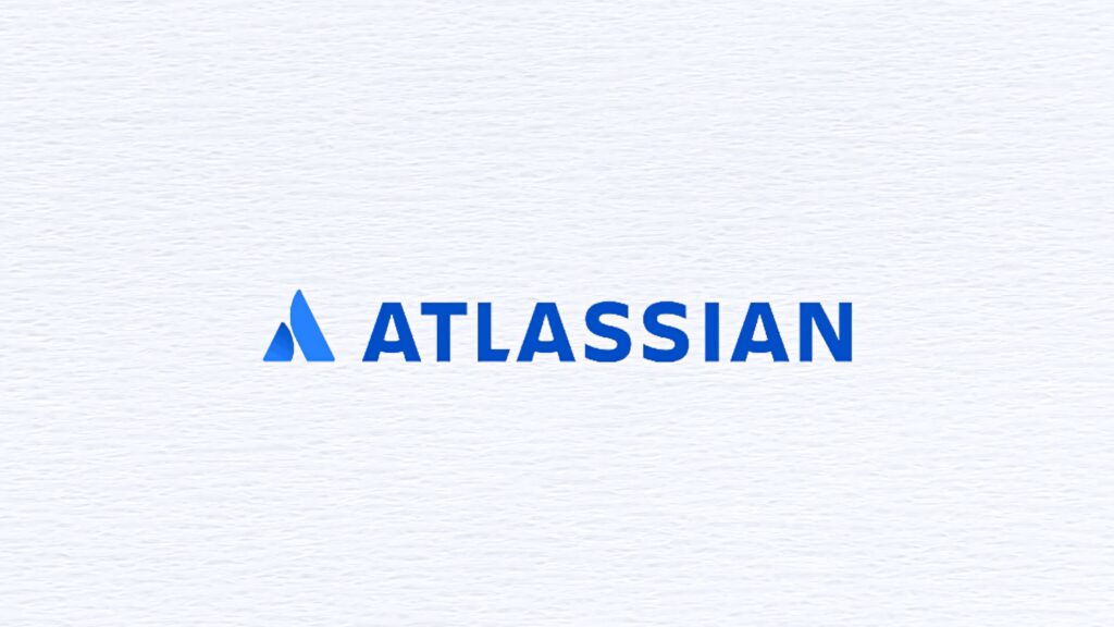 Atlassian logo in bold blue on textured white background clean professional tech wallpaper