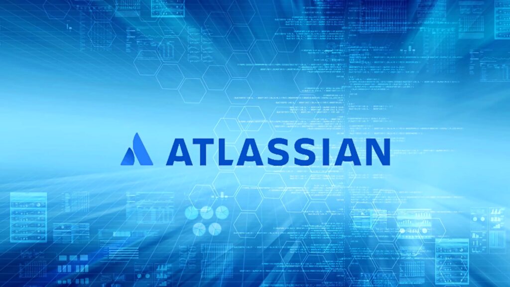 Atlassian logo on digital blue hexagonal pattern background with technology and innovation theme Wallpaper