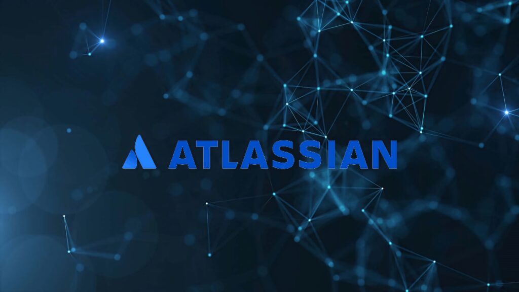 Atlassian logo on dark digital wallpaper with glowing blue network lines and tech-inspired nodes