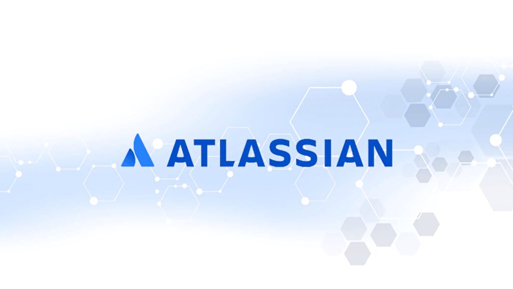 Atlassian logo in bold blue with hexagon tech background symbolizing collaboration and innovation Wallpaper
