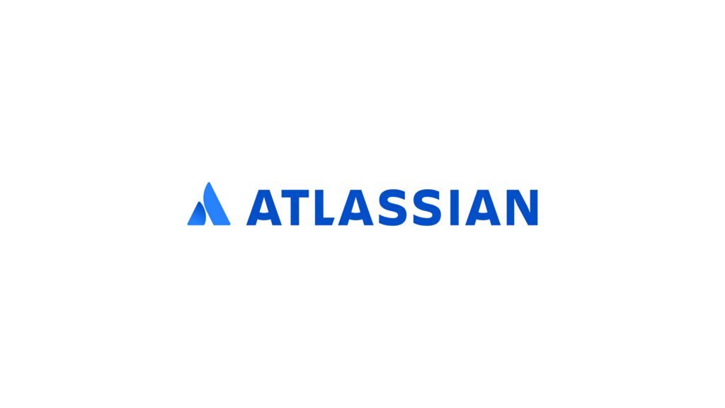 Atlassian logo in bold blue text on white background professional clean wallpaper design