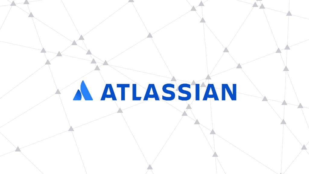 Atlassian logo in bold blue on white background with abstract gray network triangles and lines Wallpaper