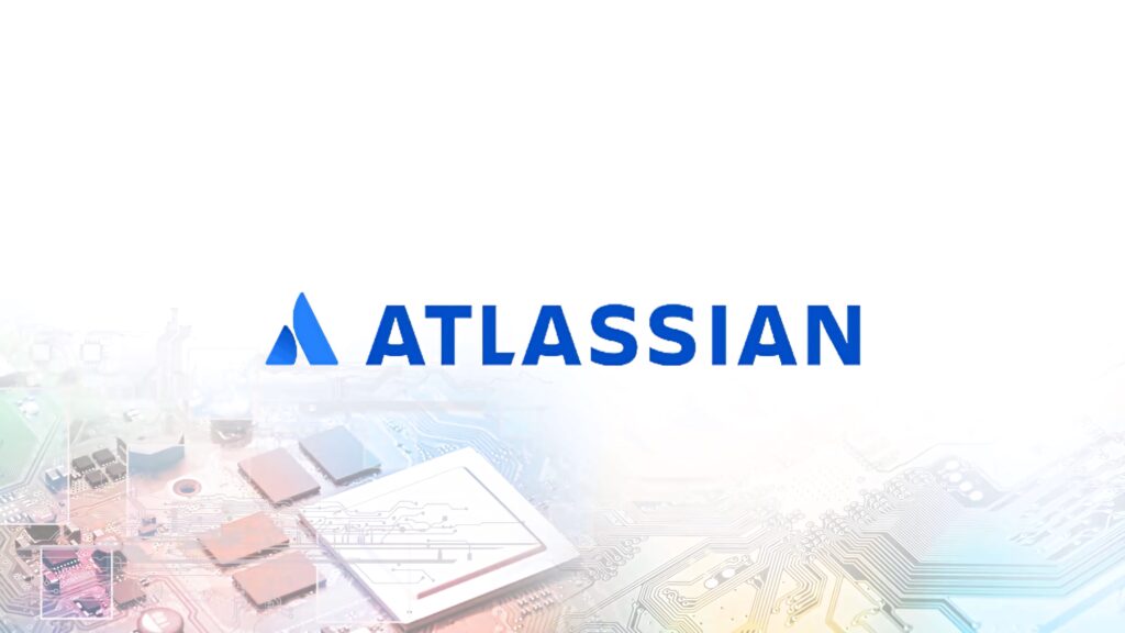 Atlassian logo in bold blue with pastel circuit board design on white tech innovation wallpaper
