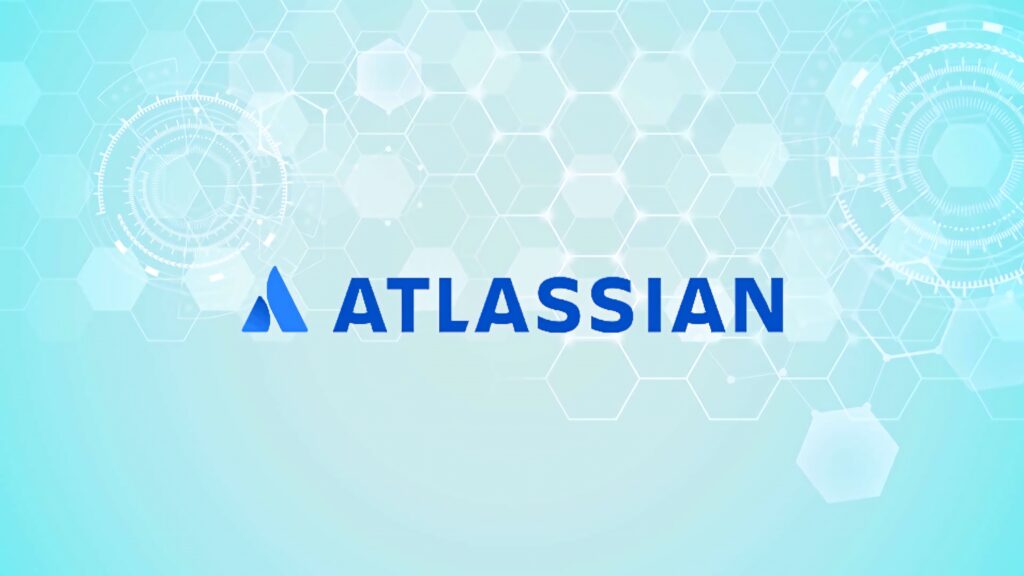 Atlassian logo on blue white hexagonal tech background digital interface innovation wallpaper
