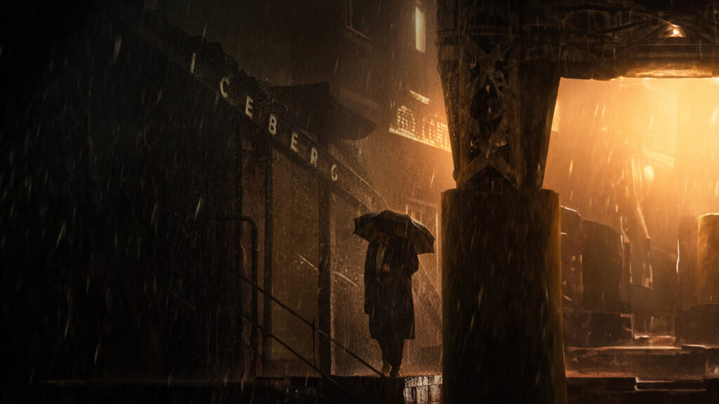 Noir-Inspired Wallpaper: Silhouette in Rainy Alley from The Penguin