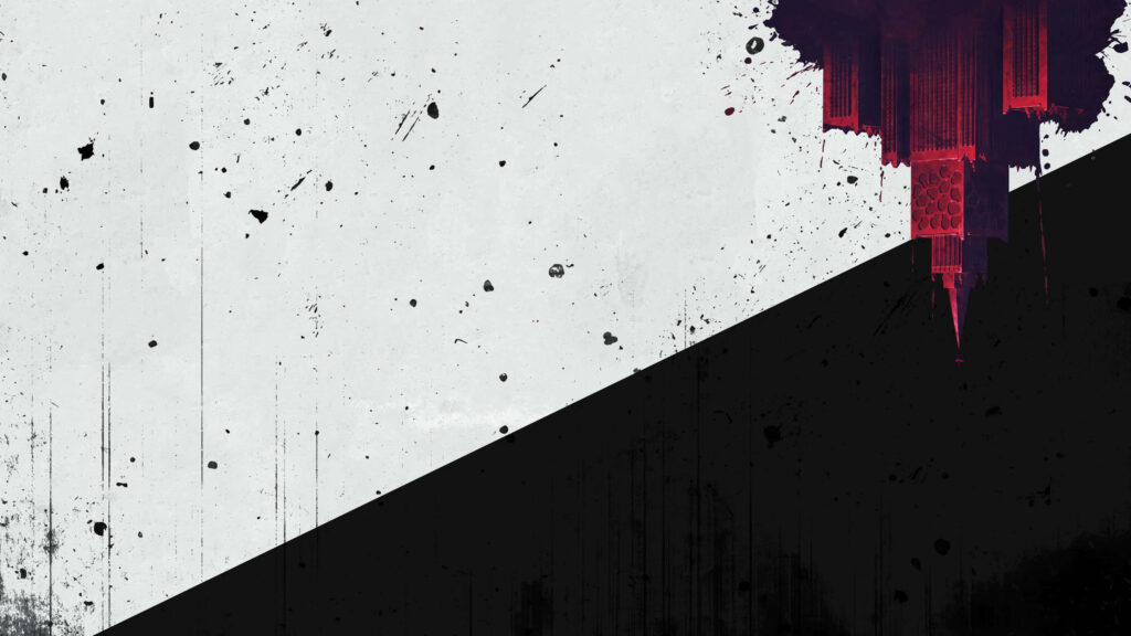 Atomic Heart wallpaper with black white split red architectural form and splattered paint textures