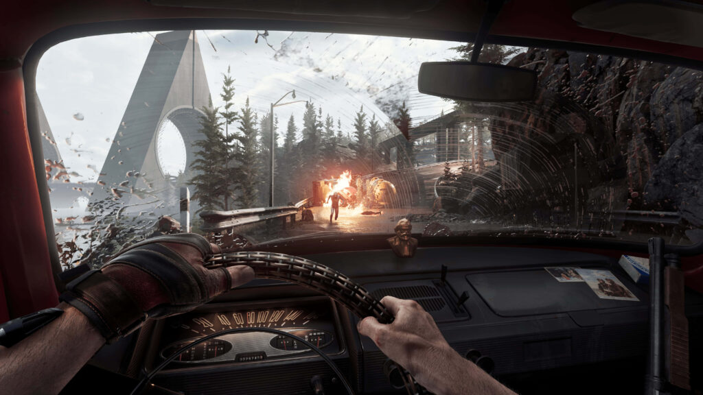 First person intense car chase Atomic Heart shattered glass fiery explosions forested bridge wallpaper