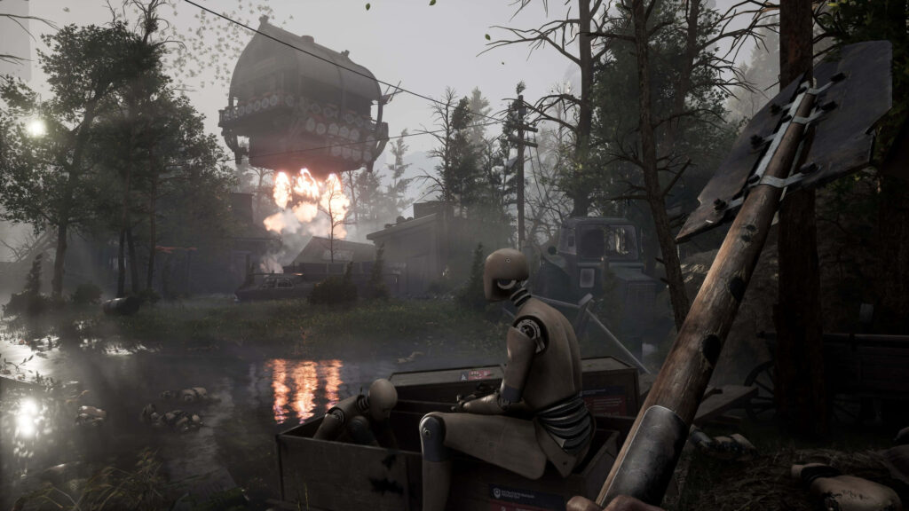 Dramatic Atomic Heart explosion near house foggy overgrown landscape humanoid robots abandoned machinery Wallpaper
