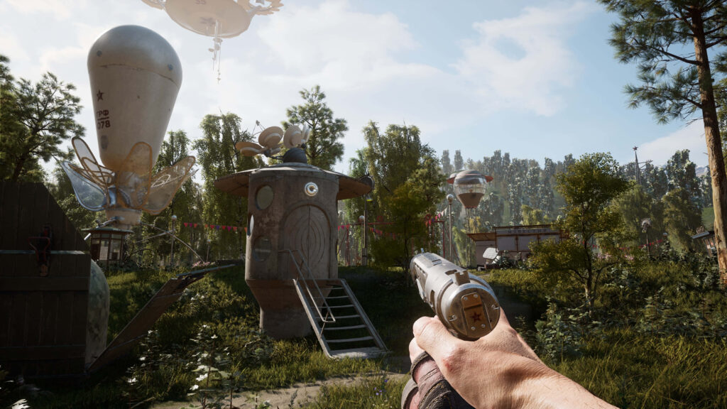 First-person view aiming weapon at floating machines in a lush futuristic forest Atomic Heart wallpaper