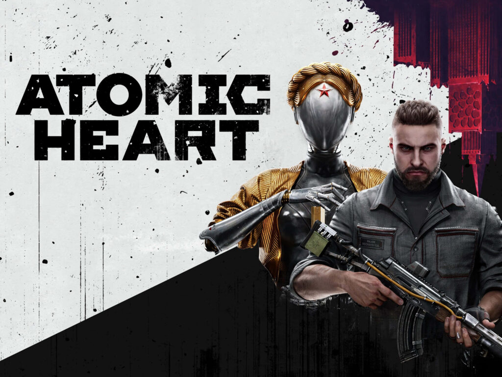 Atomic Heart P-3 Sergey Alekseyevich Nechaev with weapon facing Twins in futuristic intense scene Wallpaper