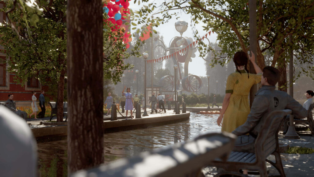 Lively Atomic Heart park scene with people trees vibrant decorations and retro-futuristic robots wallpaper