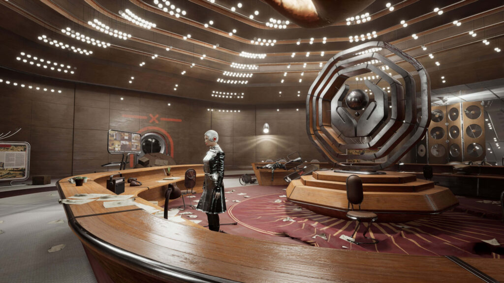 Atomic Heart retro futuristic command center with robotic figure and vintage Soviet sci-fi lighting wallpaper