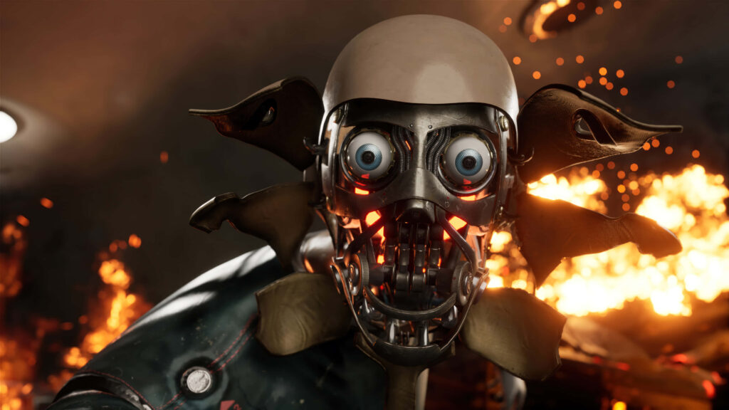 Close-up of robotic face with exposed mechanics and red lights amid fiery explosion background wallpaper