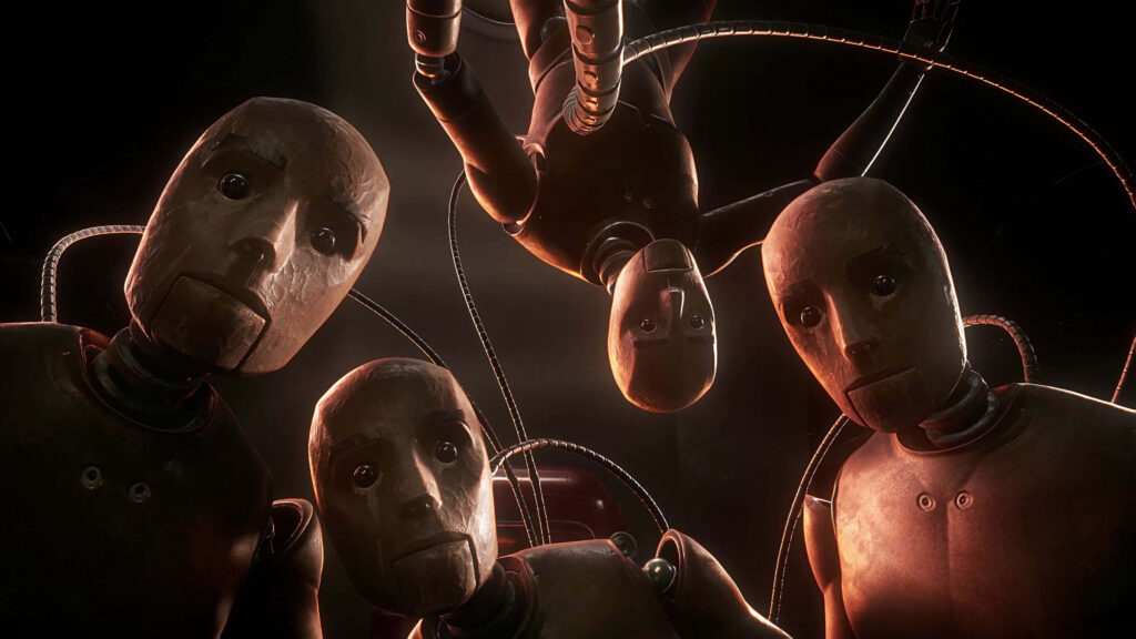 Atomic Heart robotic faces with eerie human expressions and metallic textures wallpaper background
