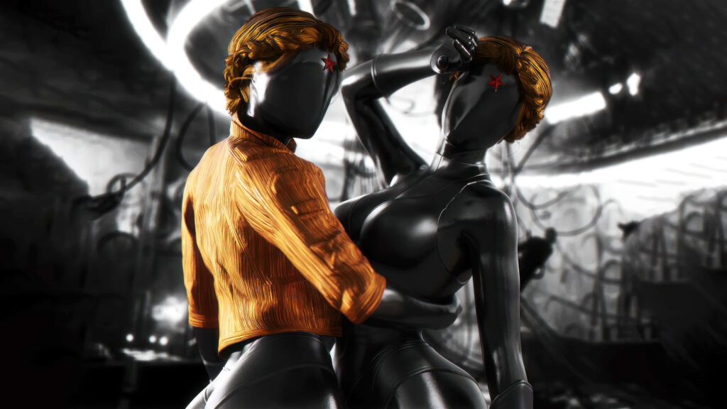 Two robotic twins from Atomic Heart in a dramatic synchronized dance with futuristic background Wallpaper