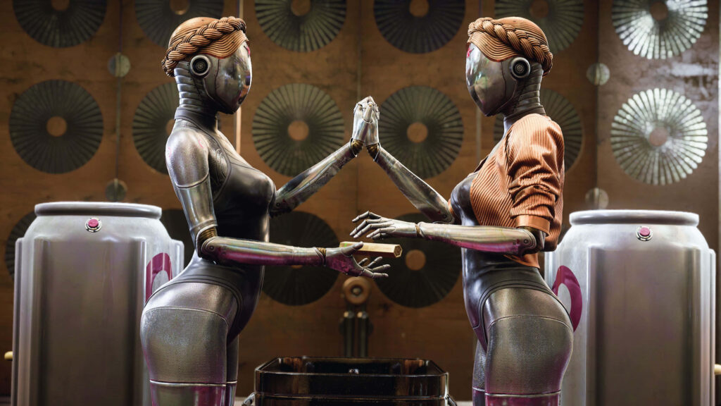 Two robotic twins from Atomic Heart mirror each other in a sleek futuristic metallic design wallpaper