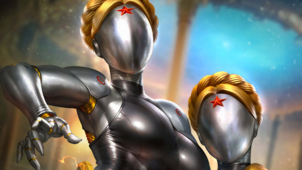 Atomic Heart robotic twins wallpaper with sleek metallic bodies and red star visages background