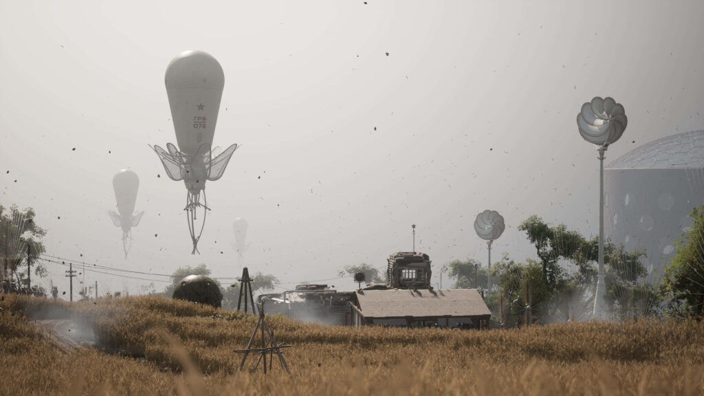 Surreal Atomic Heart blimp enemies over golden field and rural outpost under hazy sky wallpaper