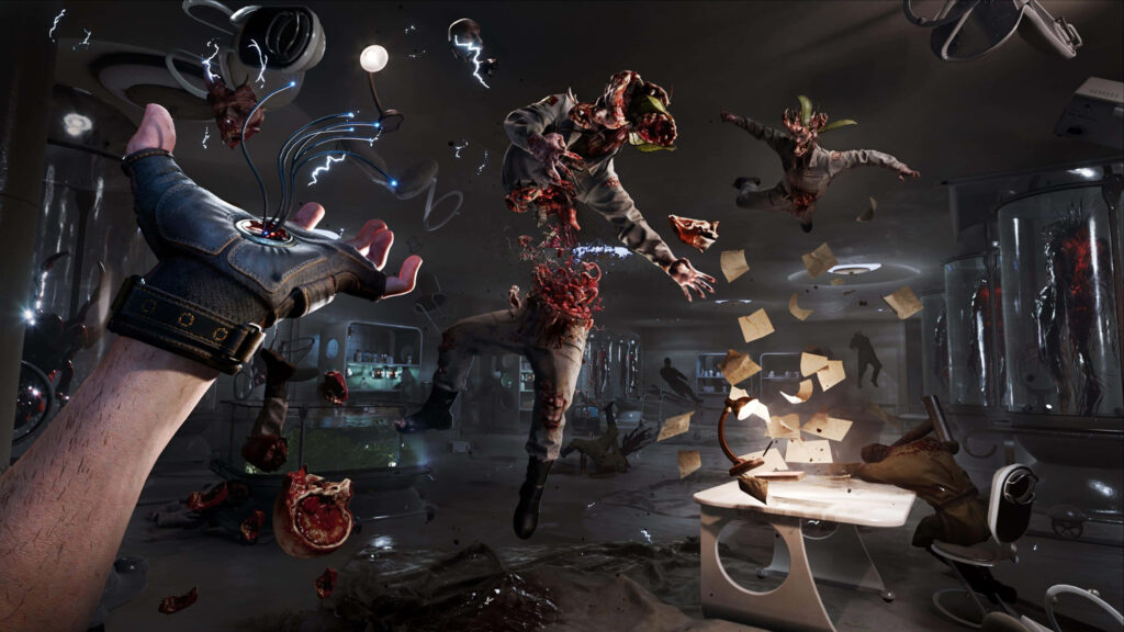 Atomic Heart wallpaper showing telekinesis combat with psychic powers in a futuristic lab scene