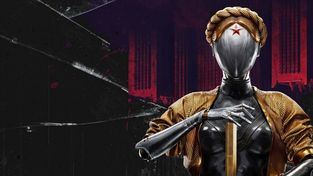 Atomic Heart robot Twins duo in bold Soviet propaganda style with metallic gold uniform and red star Wallpaper