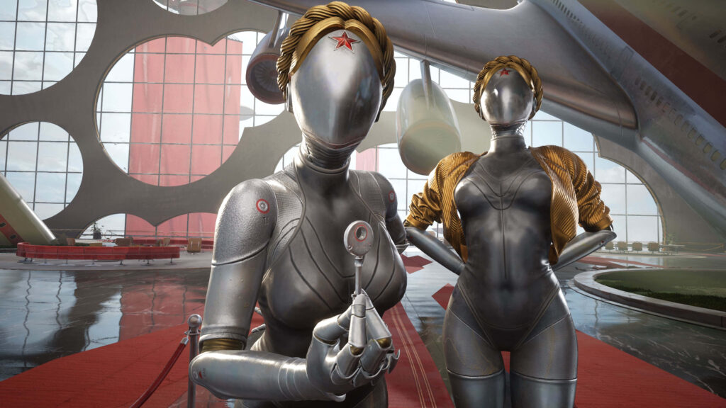 Robotic Twins from Atomic Heart in futuristic facility with sleek metallic design wallpaper background