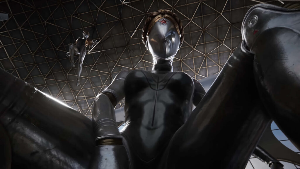 Twins from Atomic Heart robotic enemies in futuristic setting with geometric ceiling wallpaper background