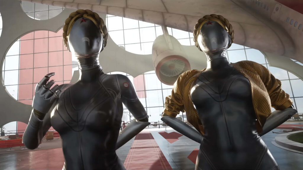 Twins from Atomic Heart sleek robots in futuristic hall with large windows modern architecture wallpaper
