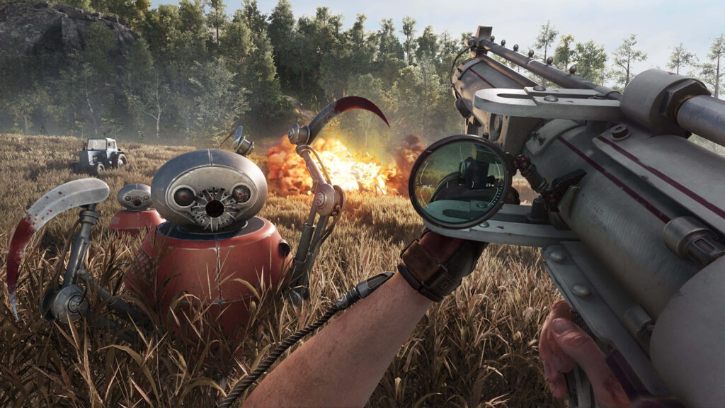 Atomic Heart intense robot combat armed character aims at red robot explosion grassy field wallpaper