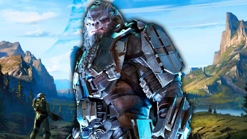 Atriox armored warrior stands fierce against vibrant Halo ring landscape wallpaper background