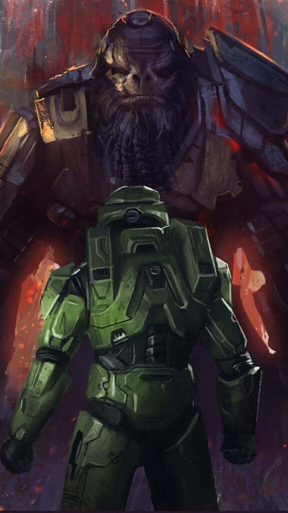 Atriox towering over Master Chief in intense Halo face-off wallpaper background scene