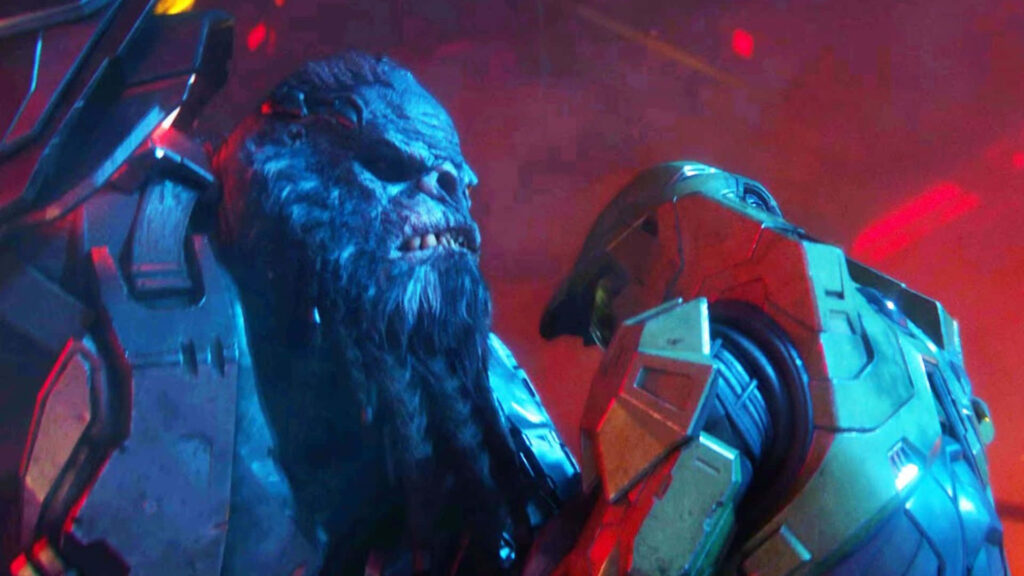 Intense Halo wallpaper with Atriox facing Master Chief in a dramatic atmospheric battle scene