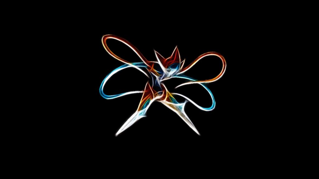 Minimalist Attack Form Deoxys wallpaper with glowing red blue white outlines on black background