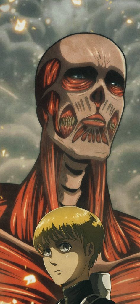 Armin Arlert with Colossal Titan in smoky battlefield Attack on Titan anime wallpaper background