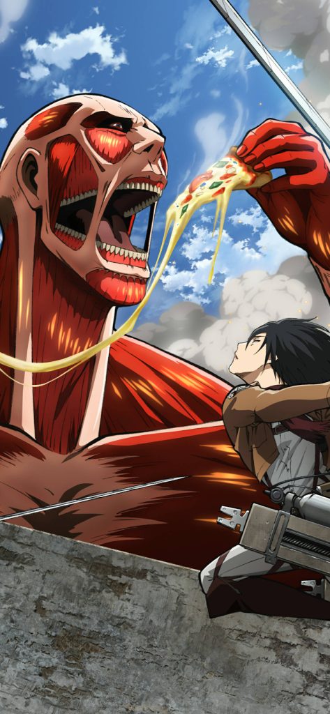 Attack on Titan wallpaper Colossal Titan eating pizza Mikasa Ackerman blue sky background