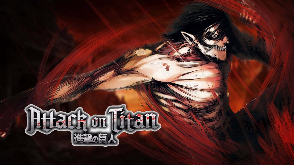 Attack on Titan wallpaper featuring Eren Yeager in Attack Titan form with intense red strokes