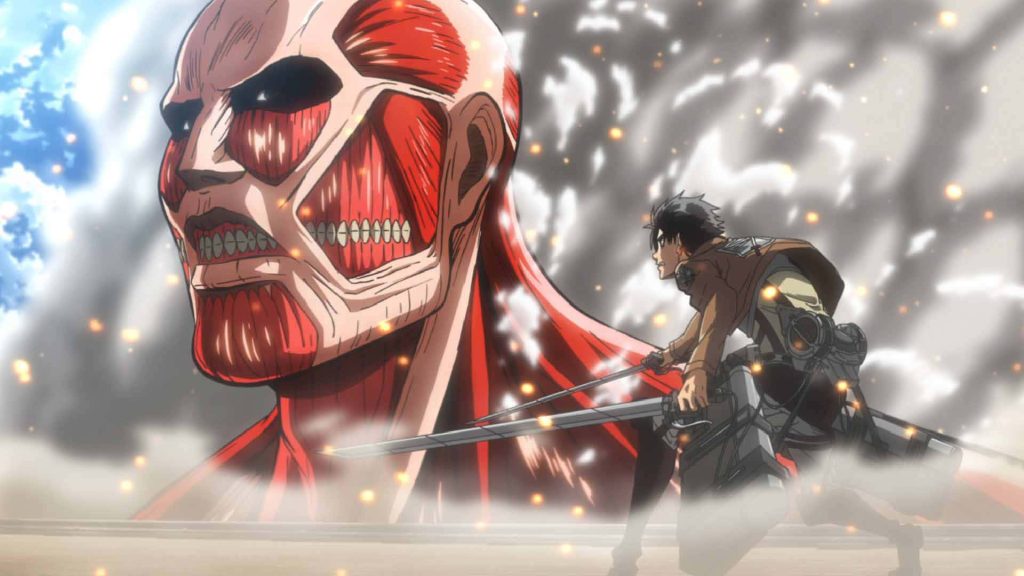 Eren Yeager wielding blades facing Colossal Titan in smoky intense Attack on Titan battle wallpaper