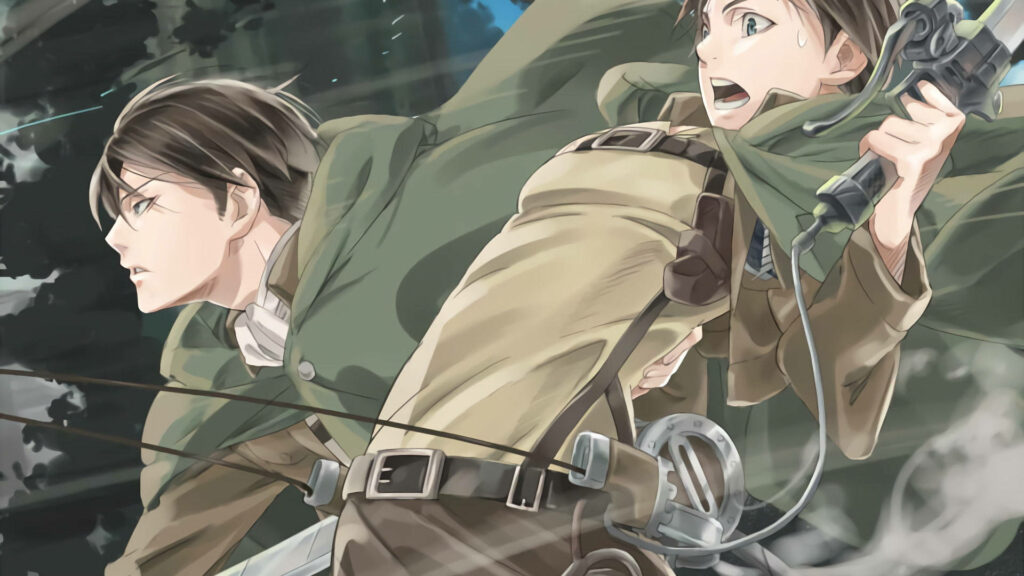 Eren Yeager and Levi Ackerman action wallpaper anime style soaring through earth tone background
