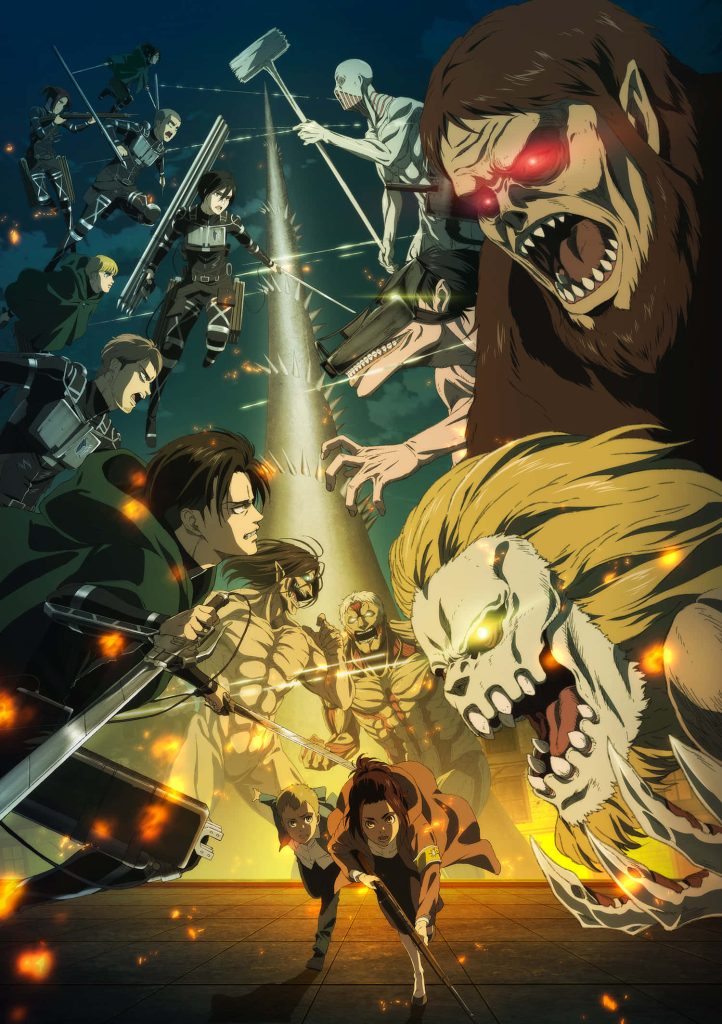 Attack on Titan final battle wallpaper with Scout Regiment versus Titan warriors intense anime art