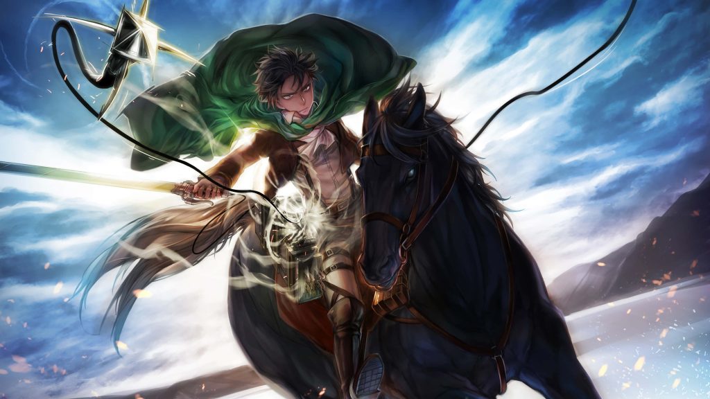 Levi Ackerman from Attack on Titan on black horse wielding ODM blades in battle wallpaper