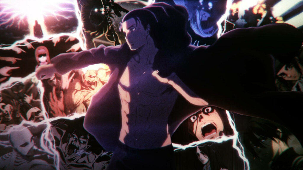 Attack on Titan Season 4 Eren Yeager collage wallpaper with dramatic scenes and bold lightning effects