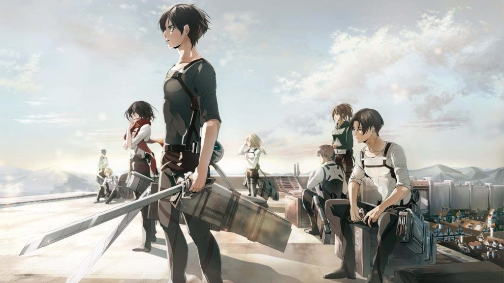 Attack on Titan wallpaper Survey Corps Eren Levi Mikasa city rooftops anime style daylight
