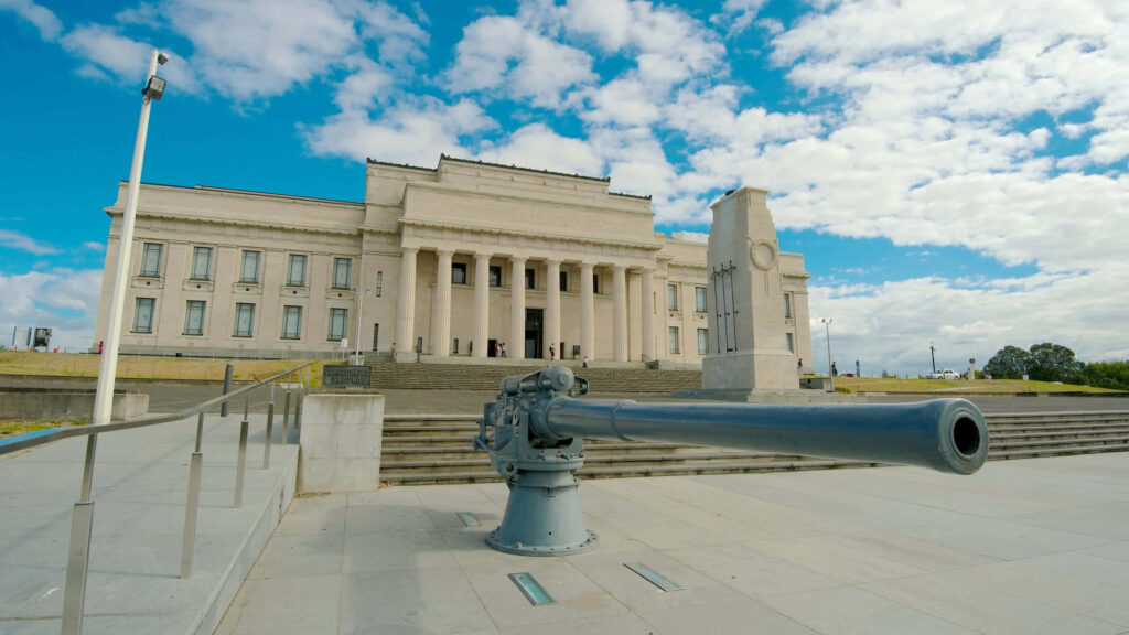 Auckland War Memorial Museum exterior neoclassical architecture vibrant sky wallpaper background