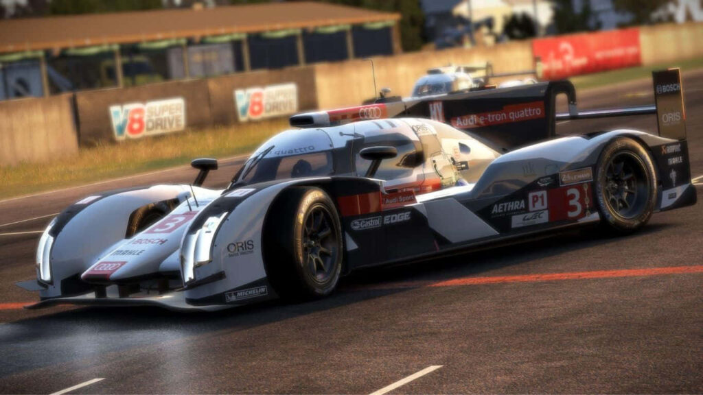 Audi R18 E-tron Quattro racing car on sunlit track high-speed competition wallpaper background
